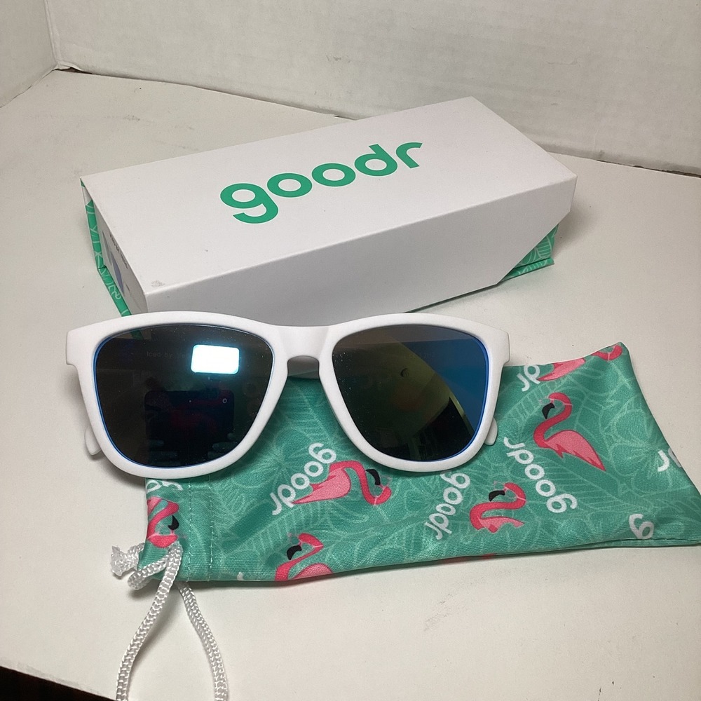 Goodr Iced by Yetis Sunglasses White Frame Blue Mirrored Polarized Lens OG